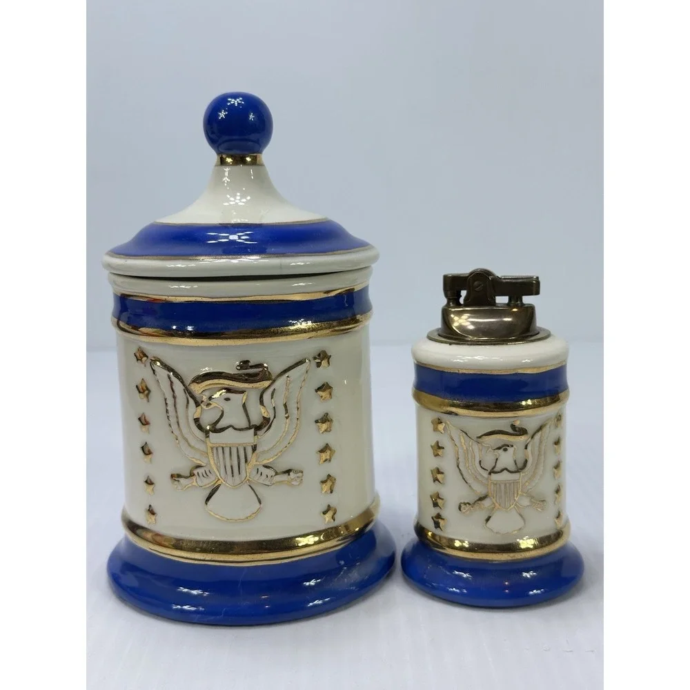 Vintage Tabletop Patriotic Lighter Party Ashtray Set Ceramic Glazed Hand Made